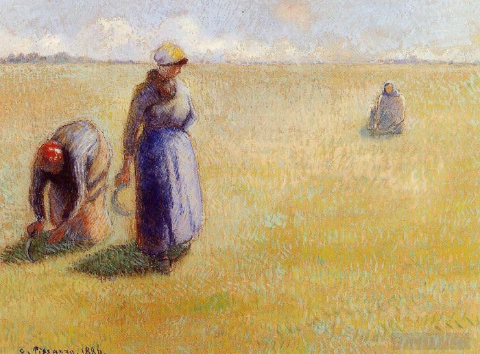 Camille Pissarro Oil Painting - Three women cutting grass 1886