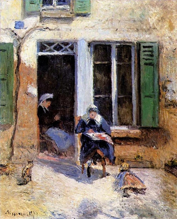 Camille Pissarro Oil Painting - Woman and child doing needlework 1877