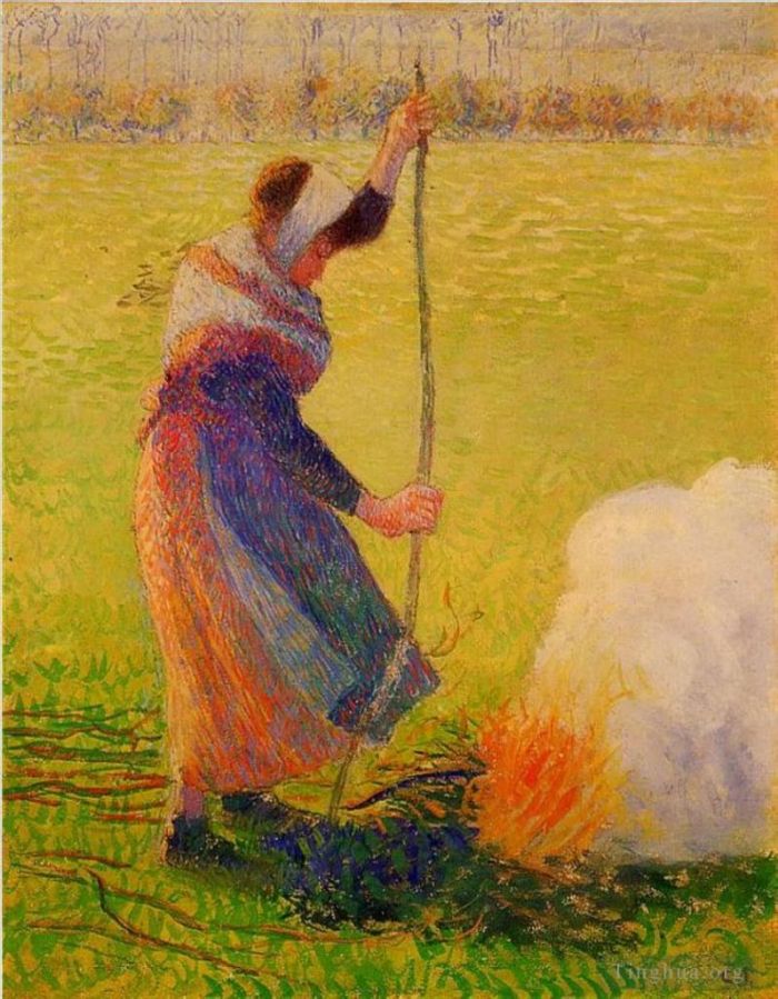 Camille Pissarro Oil Painting - Woman burning wood