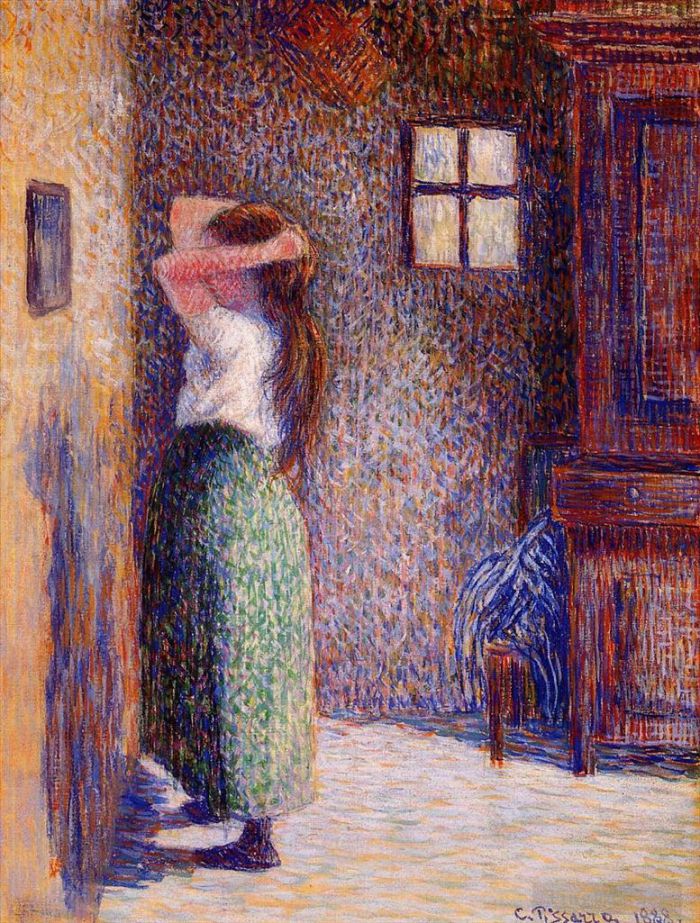 Camille Pissarro Oil Painting - Young peasant at her toilette 1888