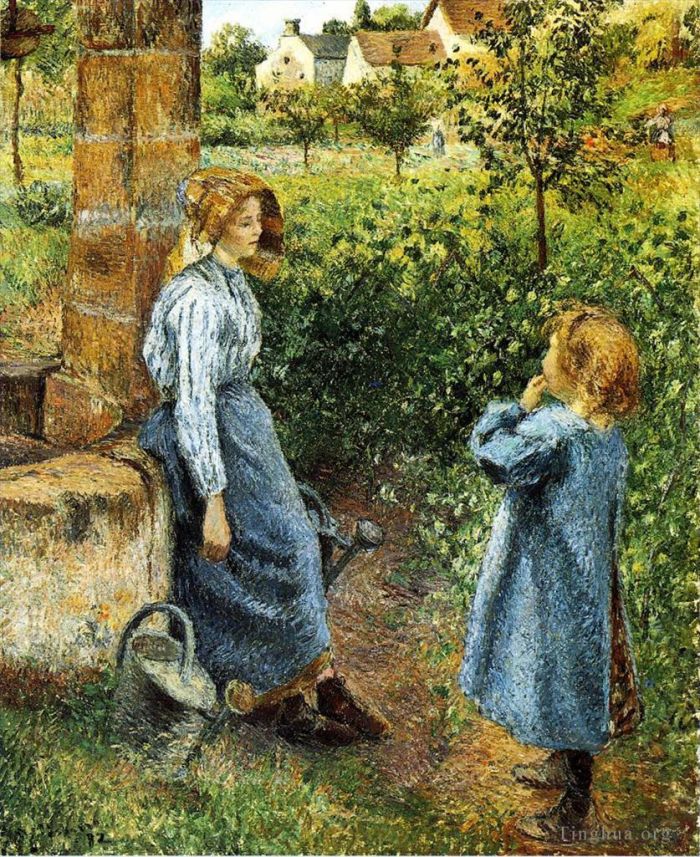 Camille Pissarro Oil Painting - Young woman and child at the well 1882