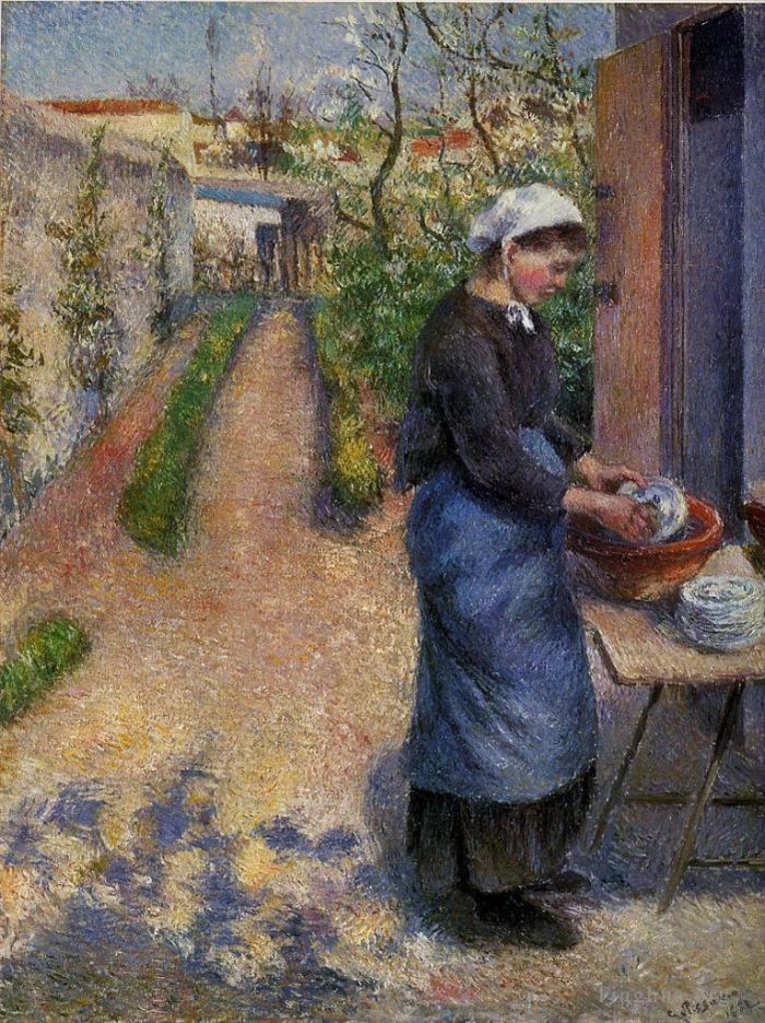 Camille Pissarro Oil Painting - Young woman washing plates 1882