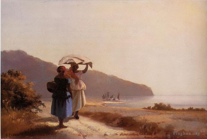 Camille Pissarro Various Paintings - Two woman chatting by the sea st thomas 1856