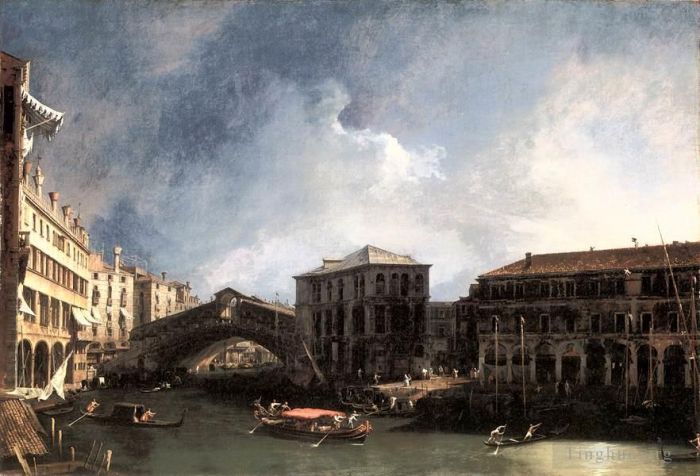 Canaletto Oil Painting - The Grand Canal near the Ponte di Rialto