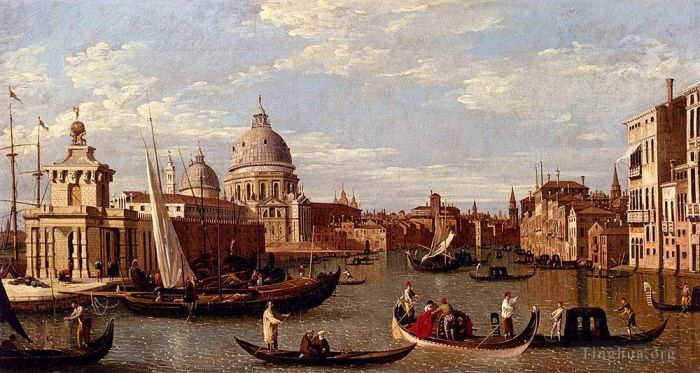 Canaletto Oil Painting - Canal Giovanni Antonio View Of The Grand Canal And Santa Maria Della Salute With Boats And Figure