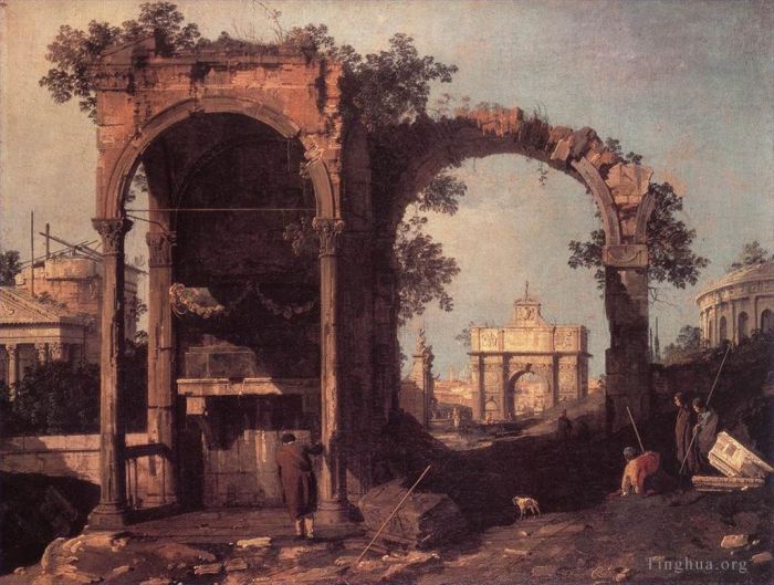 Canaletto Oil Painting - Capriccio Ruins And Classic Buildings