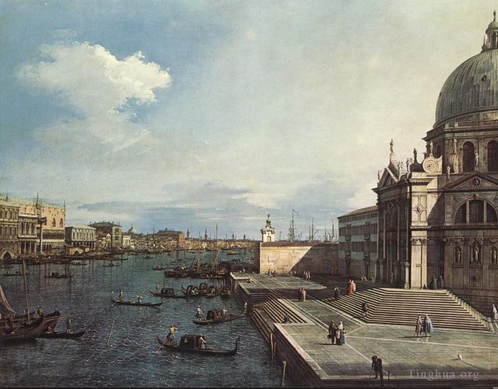 Canaletto Oil Painting - The Grand Canal with Santa Maria della Salute looking East towards the Bacino