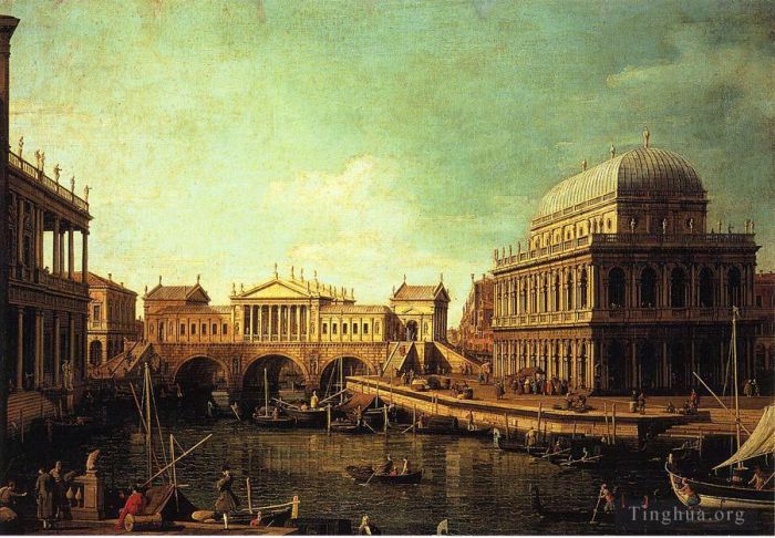 Canaletto Oil Painting - Basilica di vecenza and the ponte de rialto