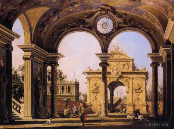 Canaletto Oil Painting - Capriccio of a renaissance triumphal arch seen from the portico of a palace 1755