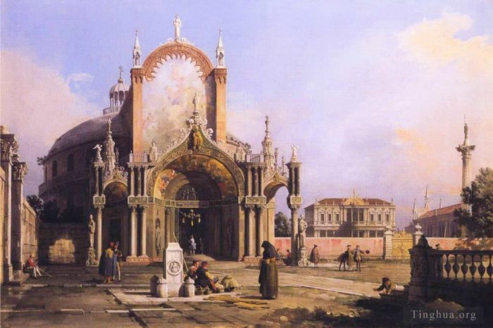 Canaletto Oil Painting - Capriccio of a round church with an elaborate gothic portico in a piazza a palladian piazza and 1755