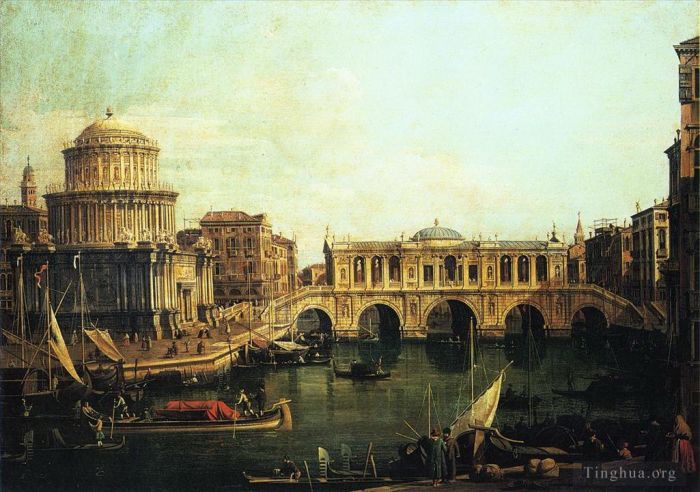 Canaletto Oil Painting - Capriccio of the grand canal with an imaginary rialto bridge and other buildings