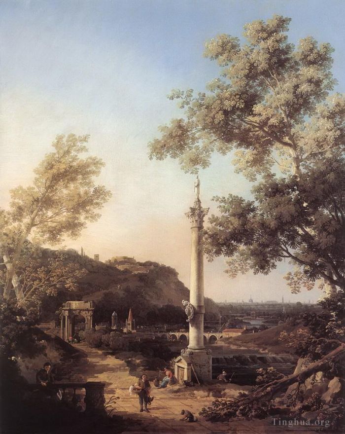 Canaletto Oil Painting - English Landscape Capriccio with a Column