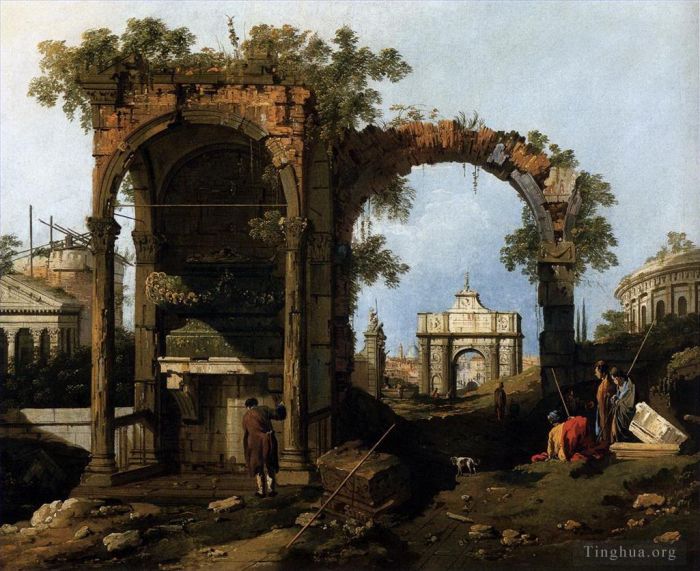 Canaletto Oil Painting - Capriccio with classical ruins and buildings