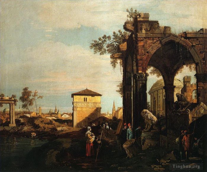 Canaletto Oil Painting - Capriccio with ruins and porta portello in padua