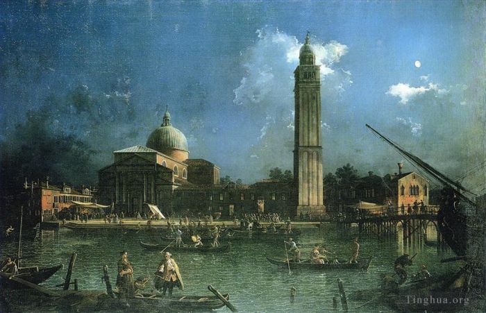 Canaletto Oil Painting - Night time celebration outside the church of san pietro di castello
