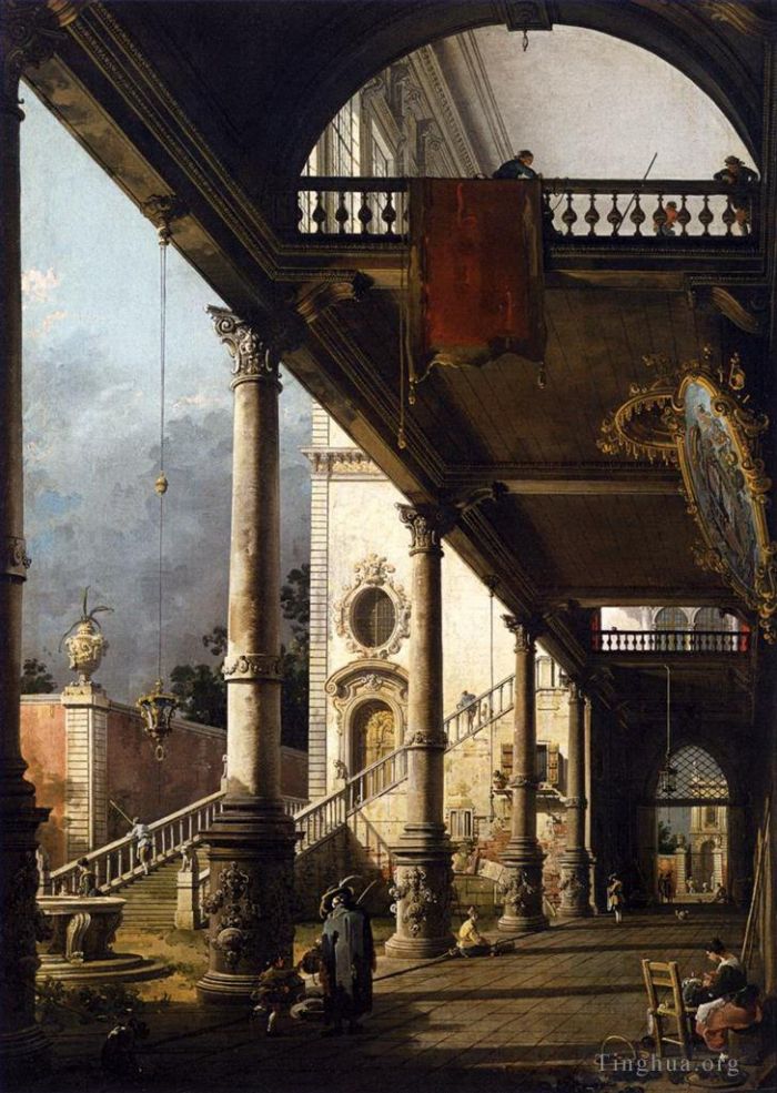 Canaletto Oil Painting - Perspective view with portico