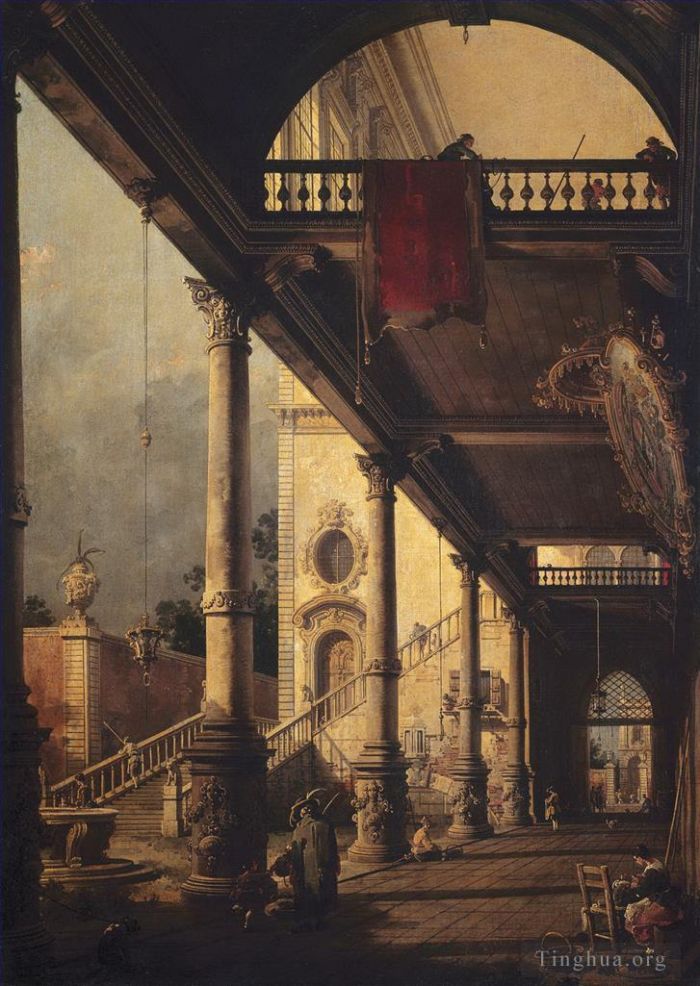 Canaletto Oil Painting - Perspective with a portico 1765