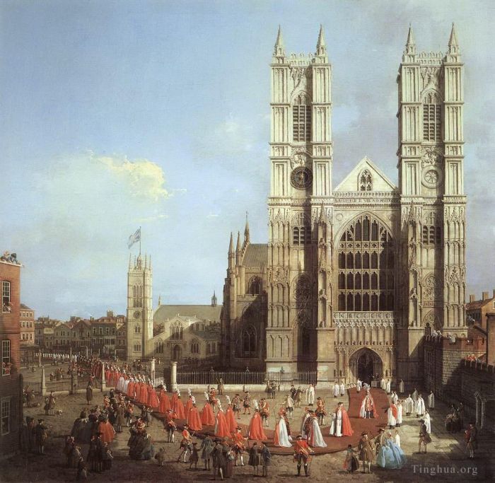 Canaletto Oil Painting - Westminster abbey with a procession of knights of the bath 1749