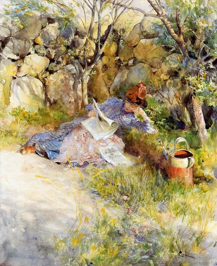 Carl Larsson Various Paintings - A Lady Reading a Newspaper
