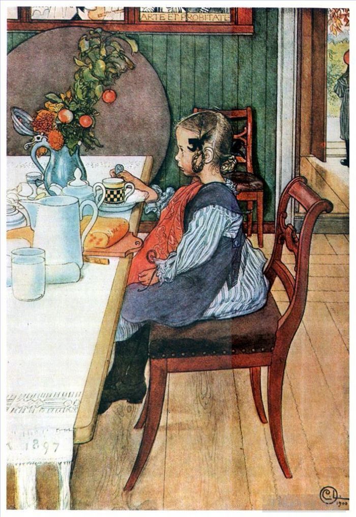 Carl Larsson Various Paintings - A late riser s miserable breakfast 1900