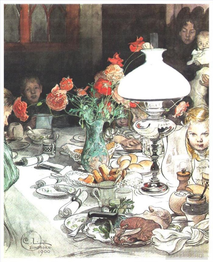 Carl Larsson Various Paintings - Around the lamp at evening 1900