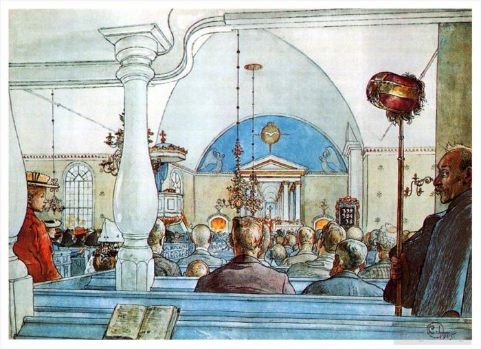 Carl Larsson Various Paintings - At church 1905