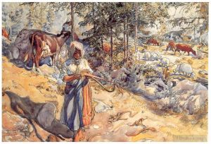 Artist Carl Larsson's Work - Cowgirl in the meadow 1906