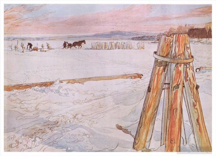Carl Larsson Various Paintings - Harvesting ice 1905