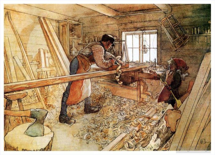 Carl Larsson Various Paintings - In the carpenter shop 1905