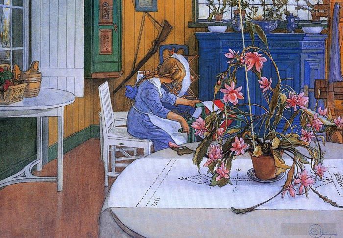 Carl Larsson Various Paintings - Interior with a cactus 1914