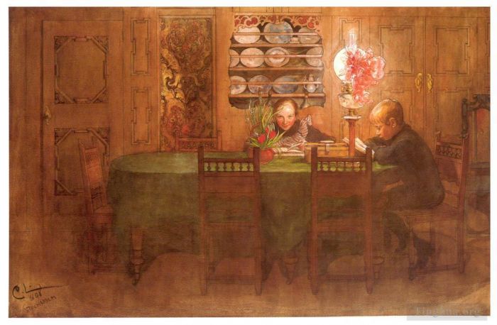 Carl Larsson Various Paintings - Los deberes 1898