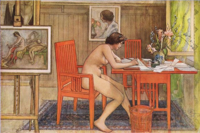 Carl Larsson Various Paintings - Model writing postcards 1906