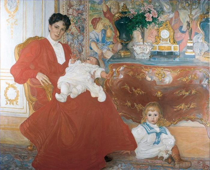 Carl Larsson Various Paintings - Mrs dora lamm and her two eldest sons 1903