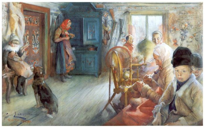 Carl Larsson Various Paintings - Peasant interior in winter 1890