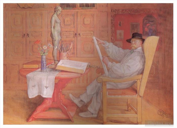 Carl Larsson Various Paintings - Self portrait in the studio 1912