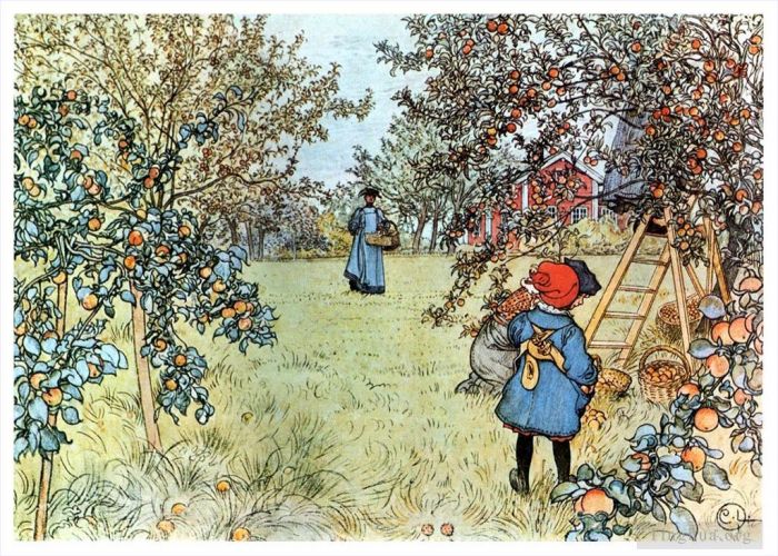 Carl Larsson Various Paintings - The apple harvest 1903