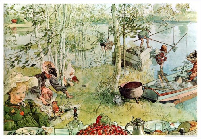Carl Larsson Various Paintings - The crayfish season opens 1897