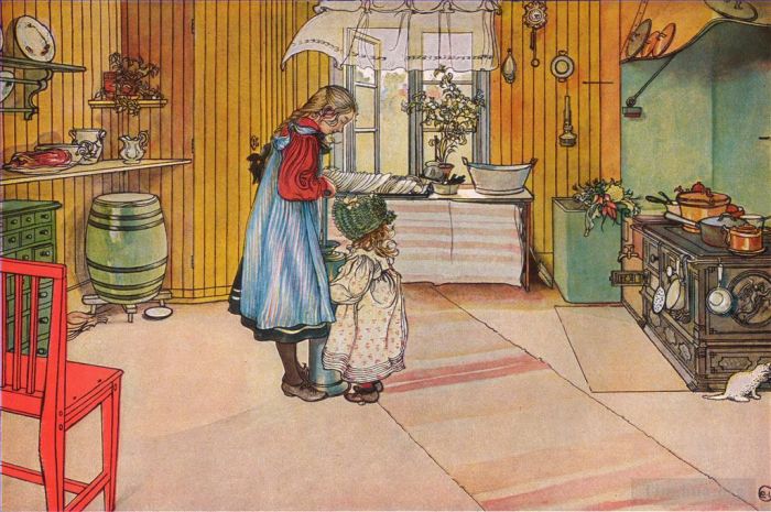 Carl Larsson Various Paintings - The kitchen