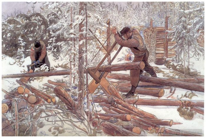 Carl Larsson Various Paintings - Woodcutters in the forest 1906