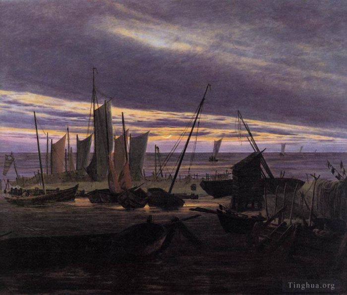 Caspar David Friedrich Oil Painting - Boats In The Harbour At Evening