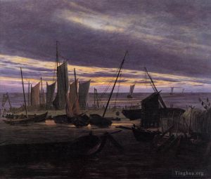 Artist Caspar David Friedrich's Work - Boats In The Harbour At Evening