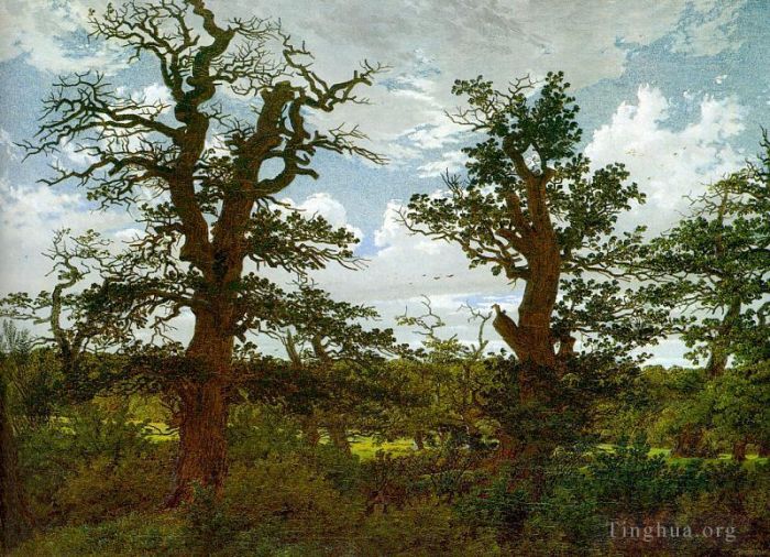 Caspar David Friedrich Oil Painting - Landscape with Oak Trees and a Hunter
