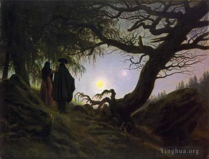 Caspar David Friedrich Oil Painting - Man and woman contemplating the moon CDF