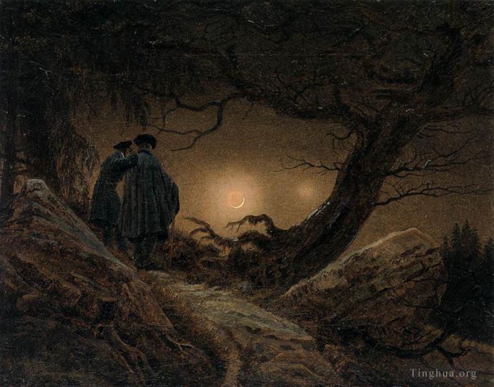 Caspar David Friedrich Oil Painting - Two Men Contemplating The Moon