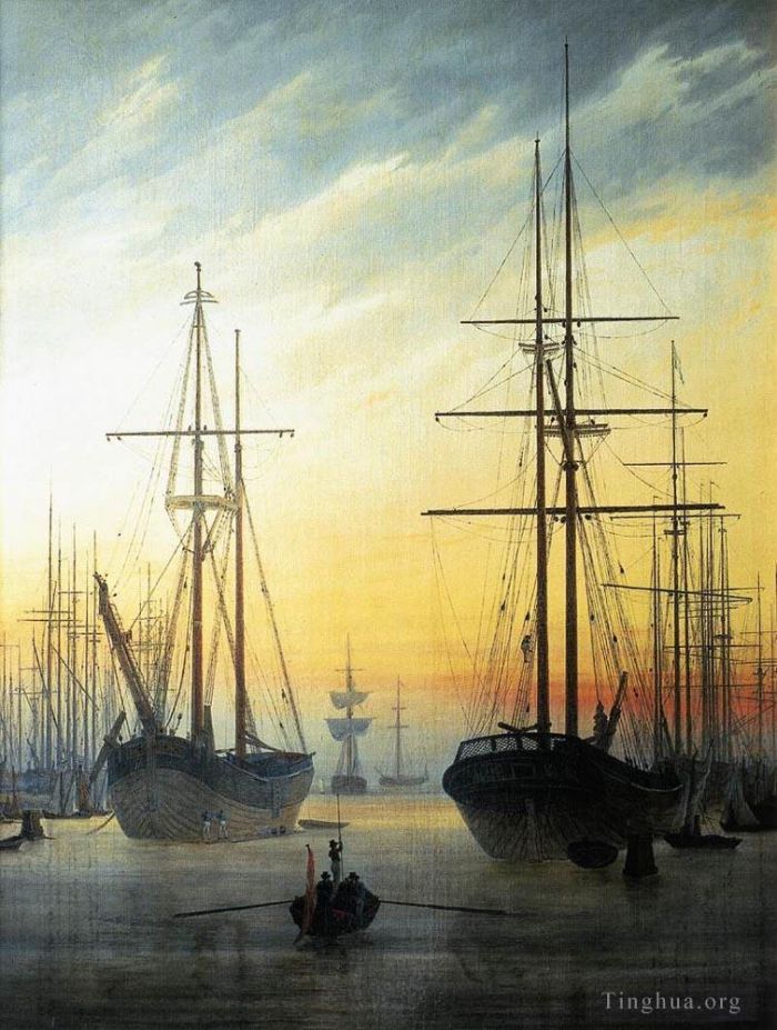 Caspar David Friedrich Oil Painting - View Of A Harbour Romantic boat