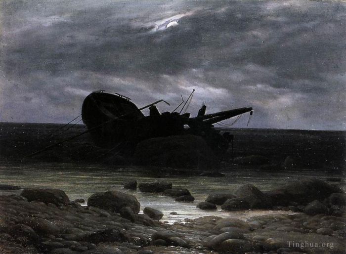 Caspar David Friedrich Oil Painting - Wreck In The Moonlight Romantic boat