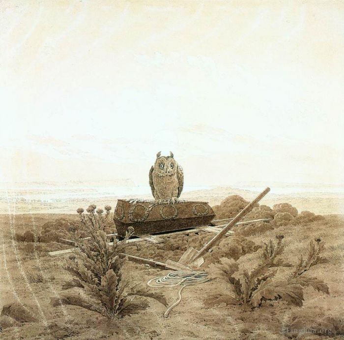 Caspar David Friedrich Various Paintings - Landscape With Grave Coffin And Owl