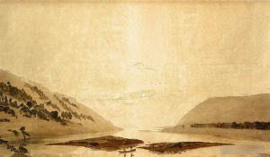 Artist Caspar David Friedrich's Work - Mountainous River Landscape Day Version