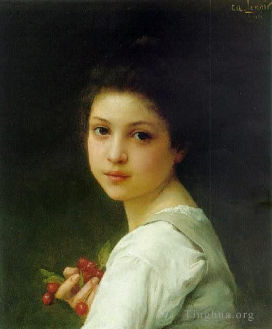 Charles Amable Lenoir Oil Painting - Portrait of a young girl with cherries