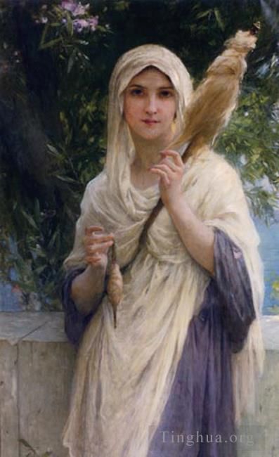 Charles Amable Lenoir Oil Painting - The Spinner By The Sea